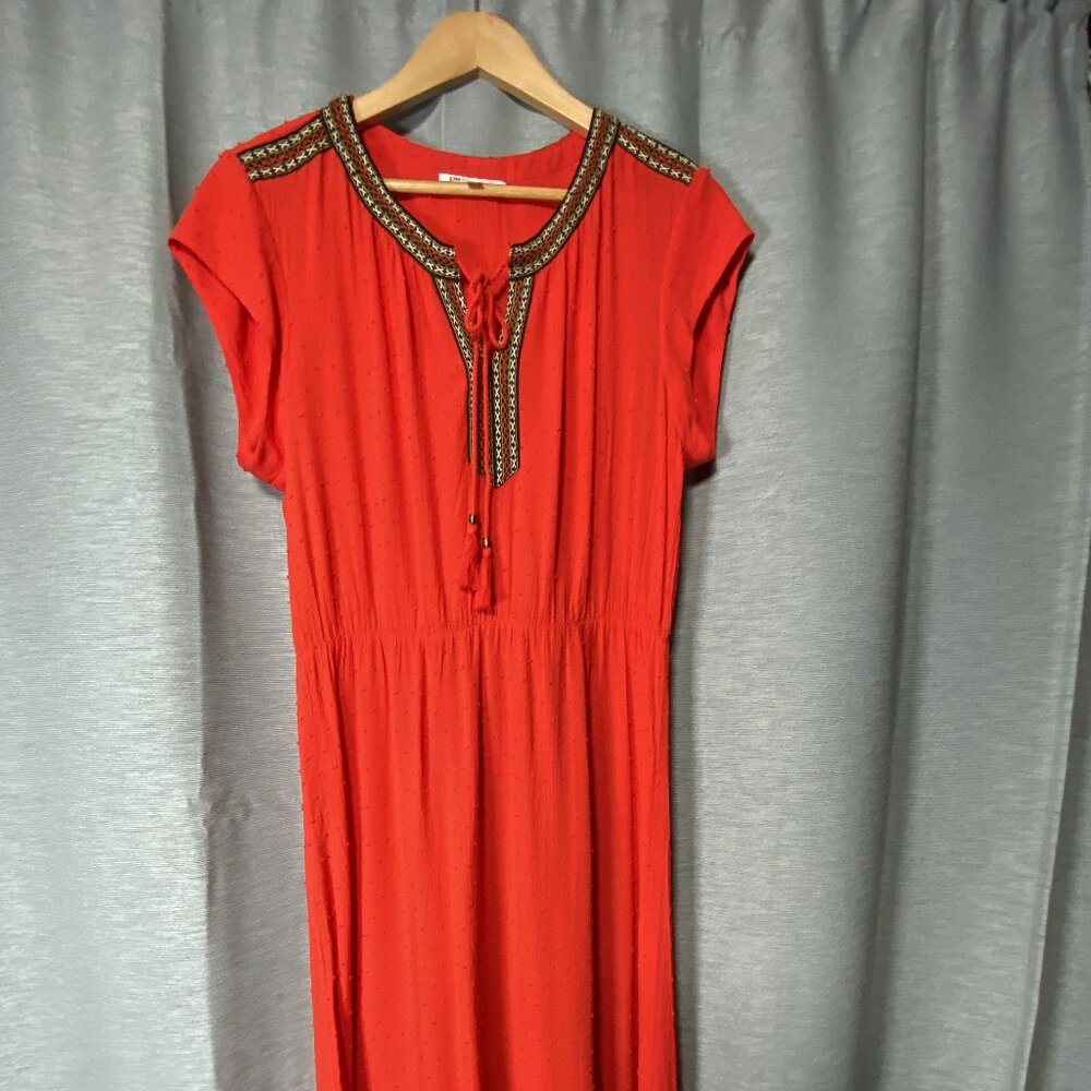Red Gauze Short Sleeve Shirt Waist Dress